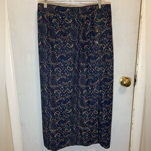 VTG 90’s Plus Size Navy Blue Denim Jean Burgundy Green Paisley Print Maxi Skirt